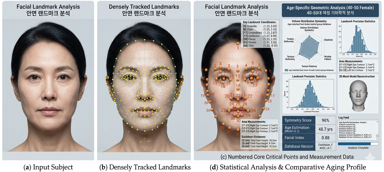 얼굴 랜드마크 분석 예시 - 정밀 측정 및 노화 프로파일